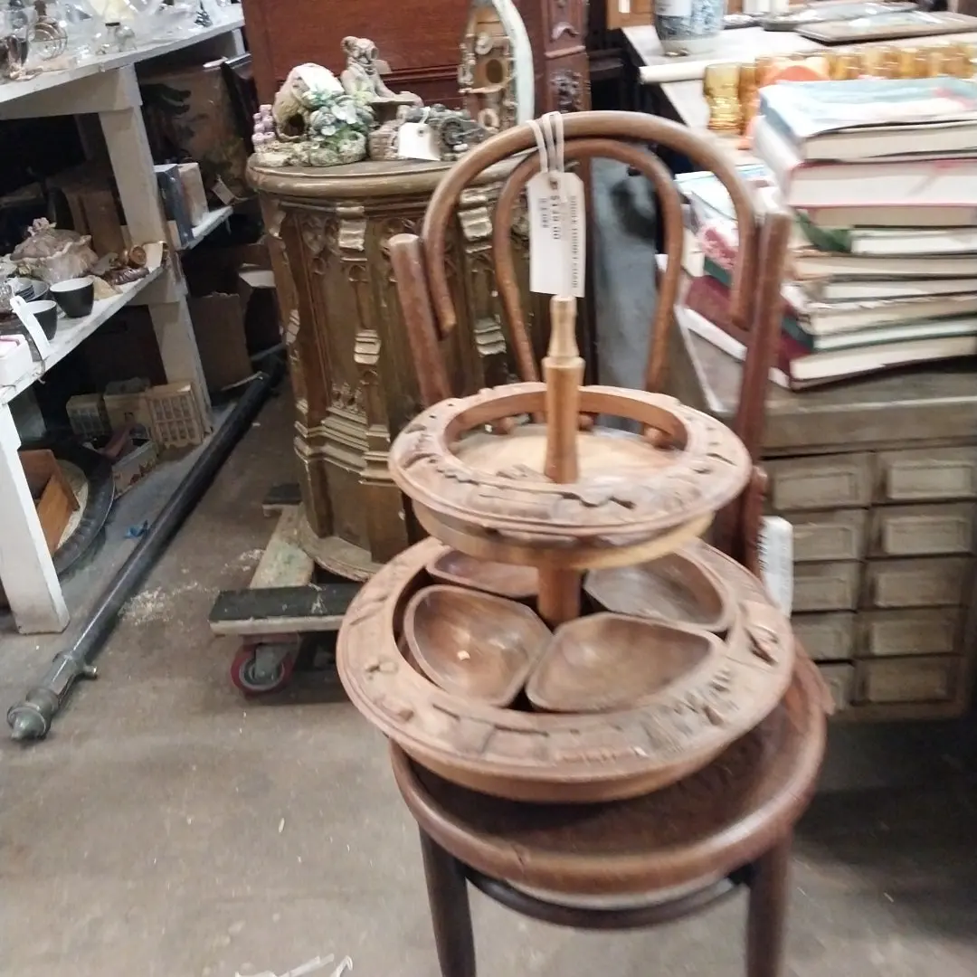2 Tier Carved Wood Lazy Susan- As Found 1