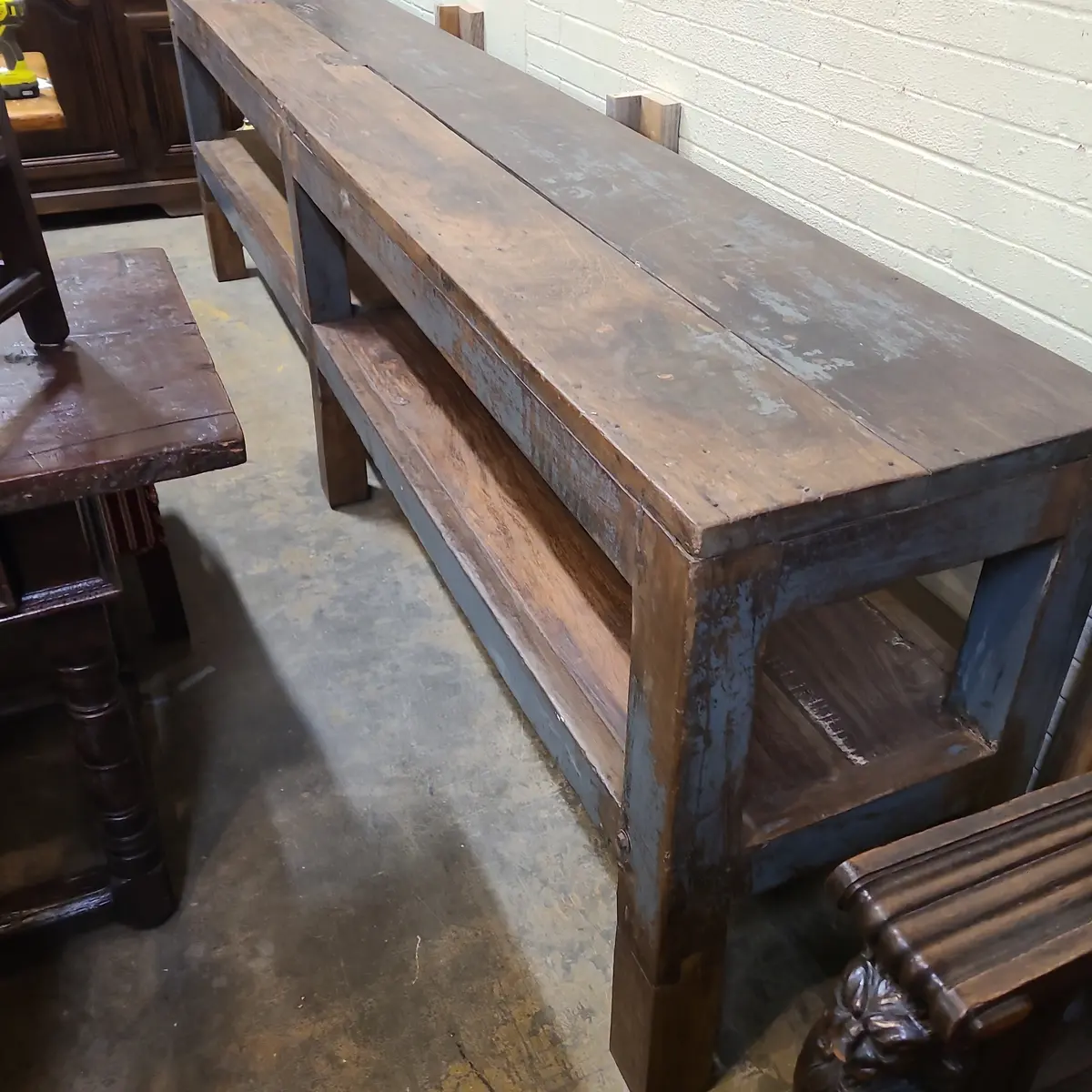 Long Narrow Grey Work Table With Mortise And Tenon Extensions 1