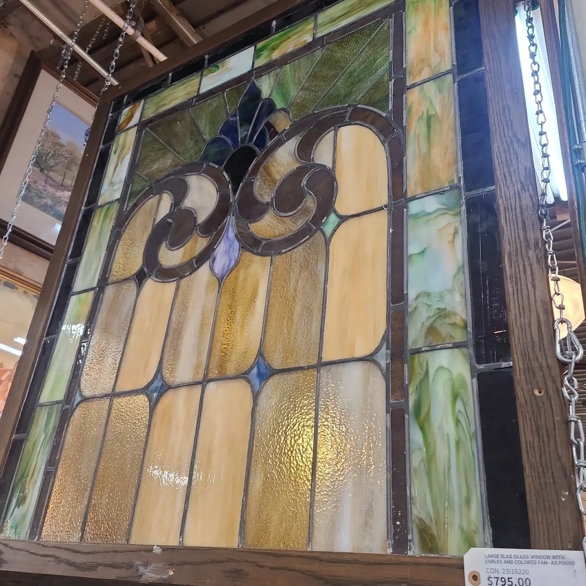 Large Slag Glass Window With Curles And Colored Fan- As Found 1