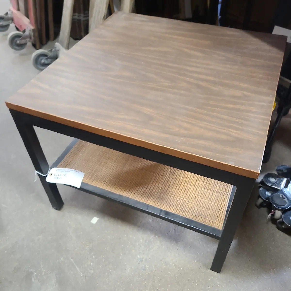 Laminated Top Side Table With Wicker Shelf 1