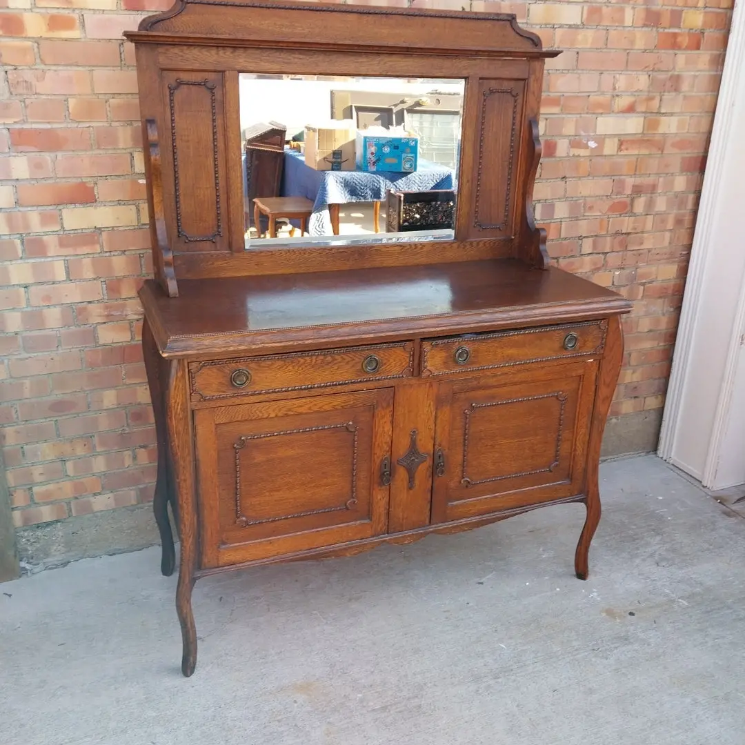 English Beveled Mirrored Tiger Oak Sideboard 1