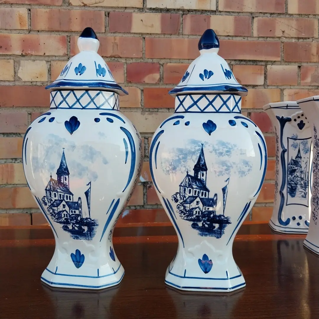 Pair Of Blue Delft Hand Painted Ginger Jars With Churches 1