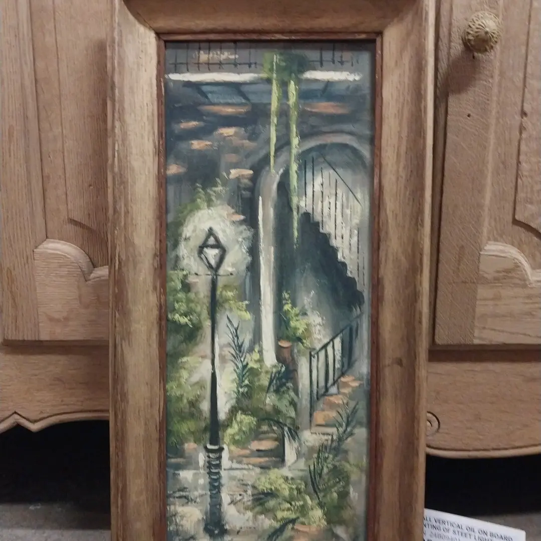 Small Vertical Oil On Board Painting Of Steet Light 1