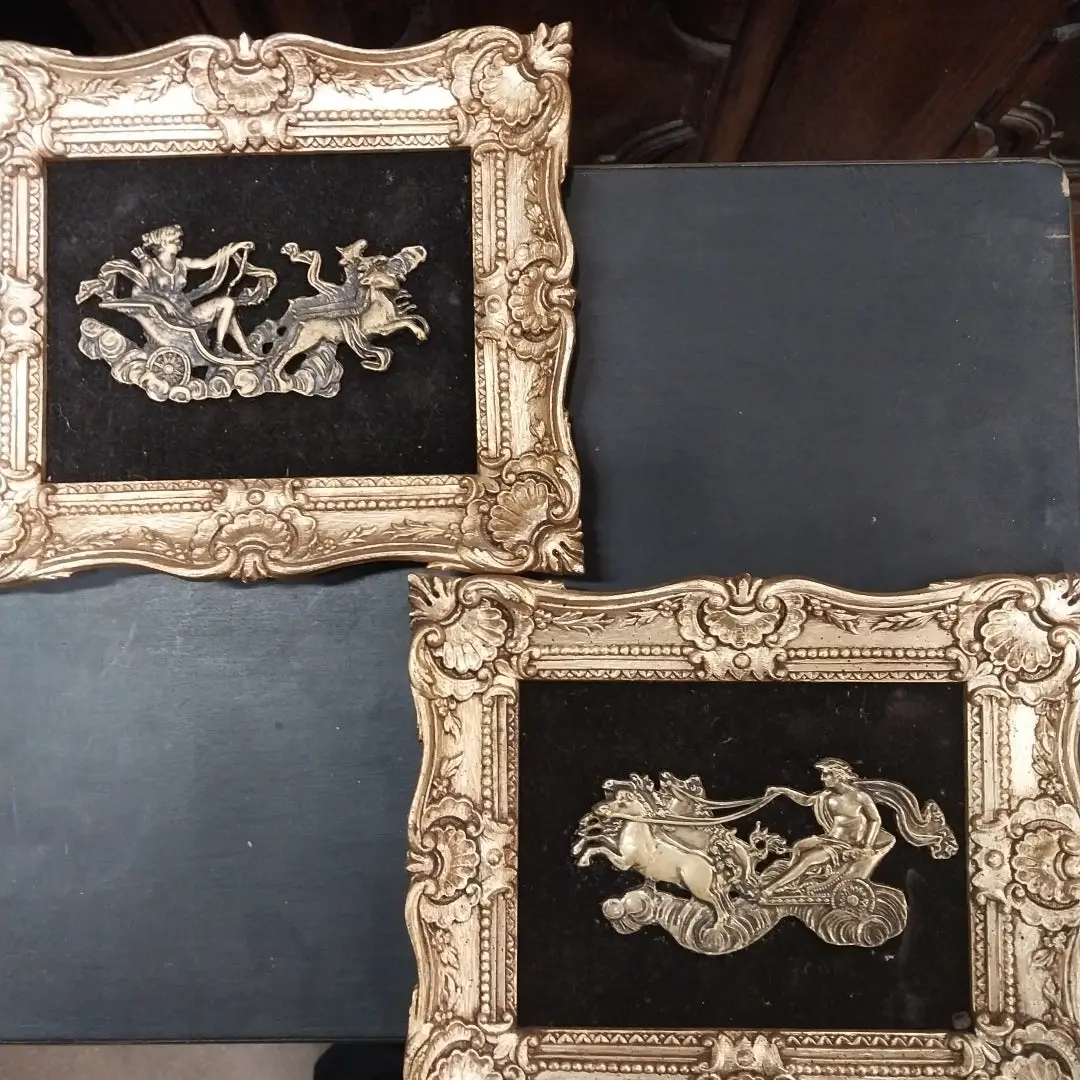 Pair Of Vintage Plastic Floral Chariots On Velvet 1