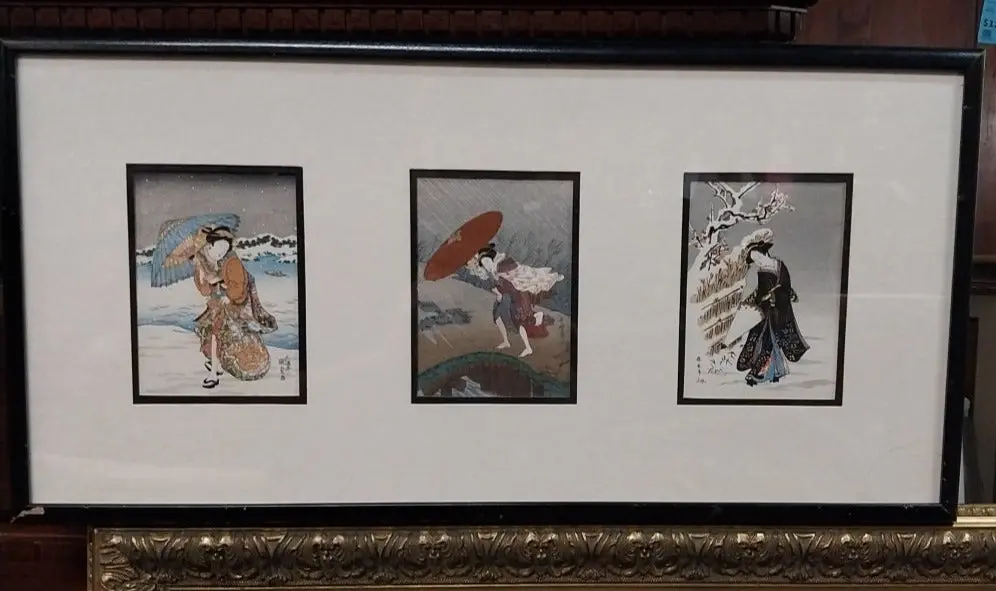 Triptic Woodbock Print Of 3 Asian Ladies In Black Frame 1