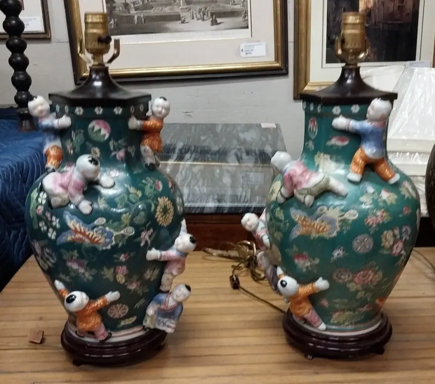 Pair Of Dark Green Figural Chinese Lamps 1