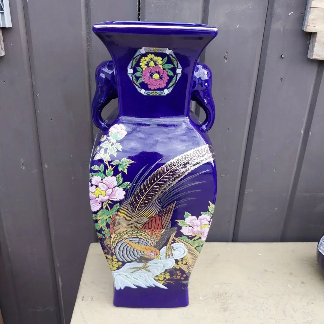 Tall Blue Japaneses Vase With Square Top And Elephant Handles 1