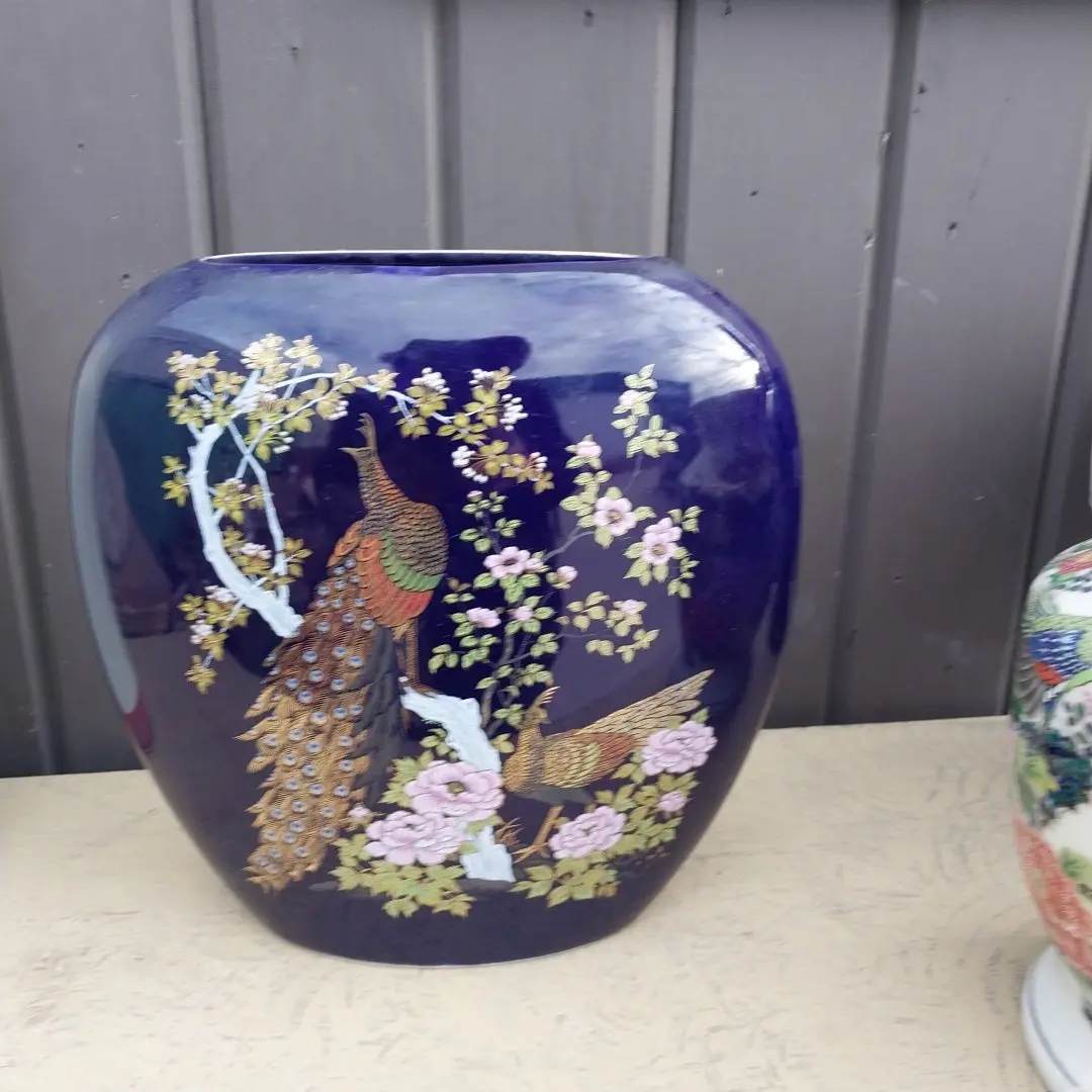 Japaneses Ovoid Blue  Vase With Peacocks 1
