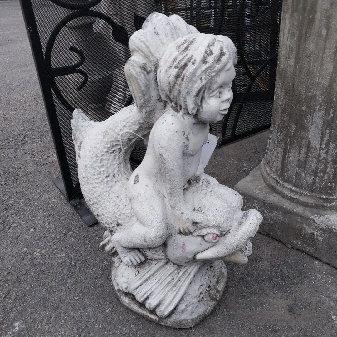 Concrete Cherub Riding A Dolphin Fish 1