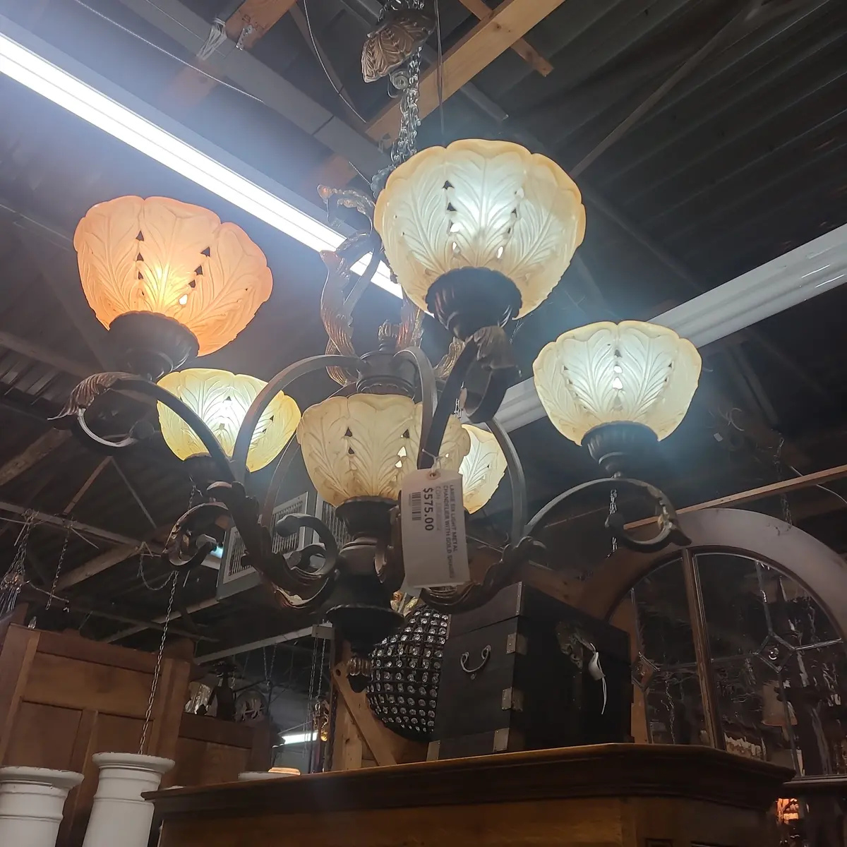 Large Six Light Metal Chandelier With Gold Shades 1