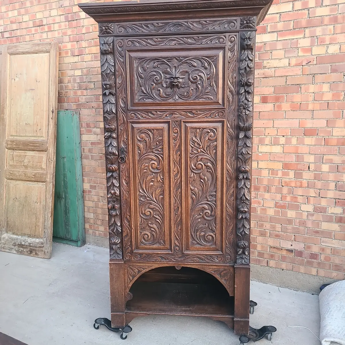 English Oak Windface Wardrobe Or Carved Hallrobe Armoire 1