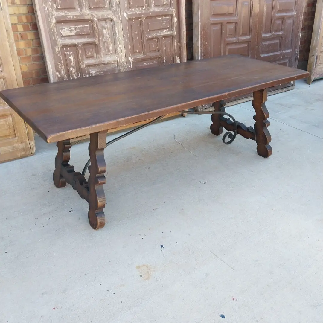 Large Dark Oak Spanish Iron Trestle Base Table 1