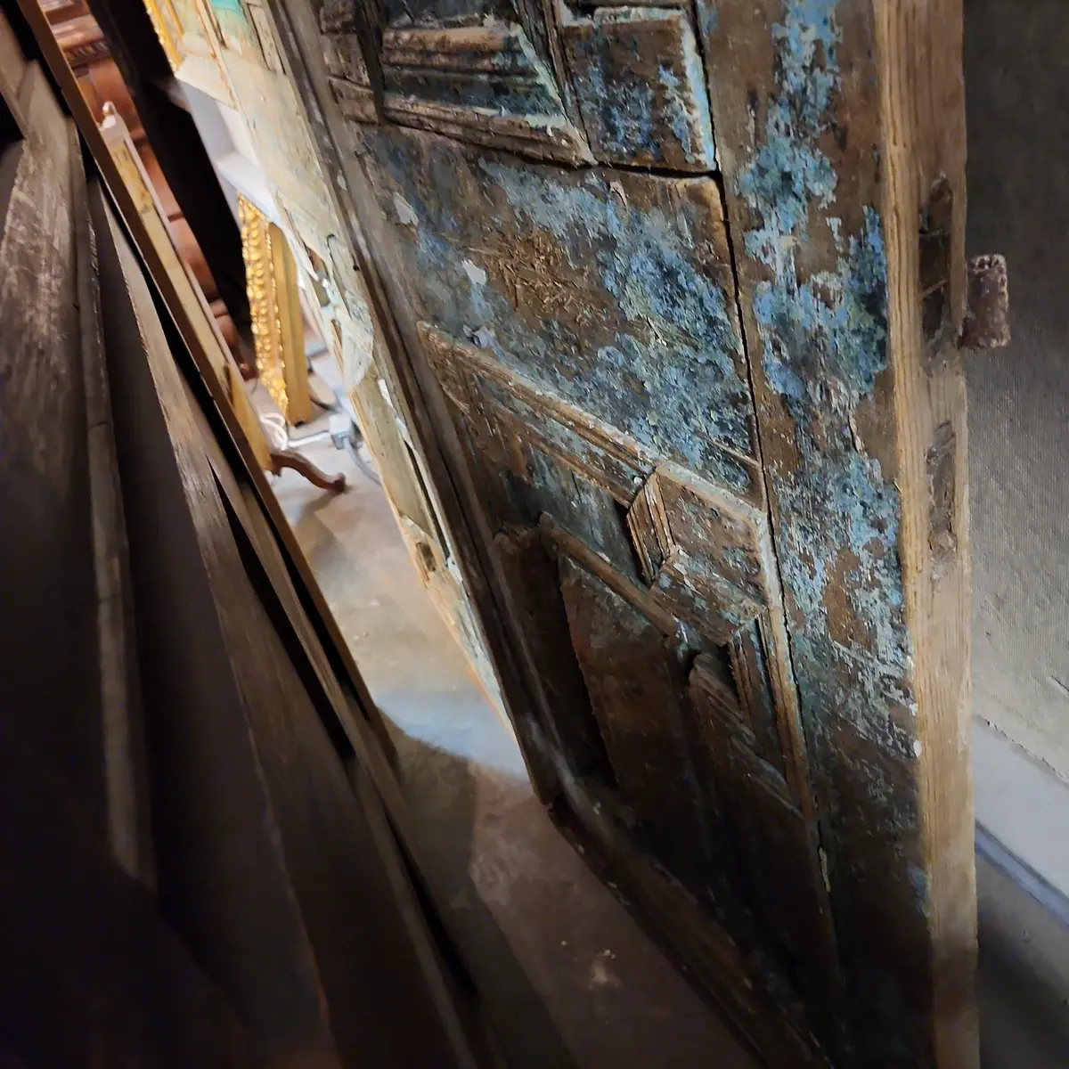 Pair Of Distressed Green Primitive Egyptian Paneled Doors With Center Rounds 1