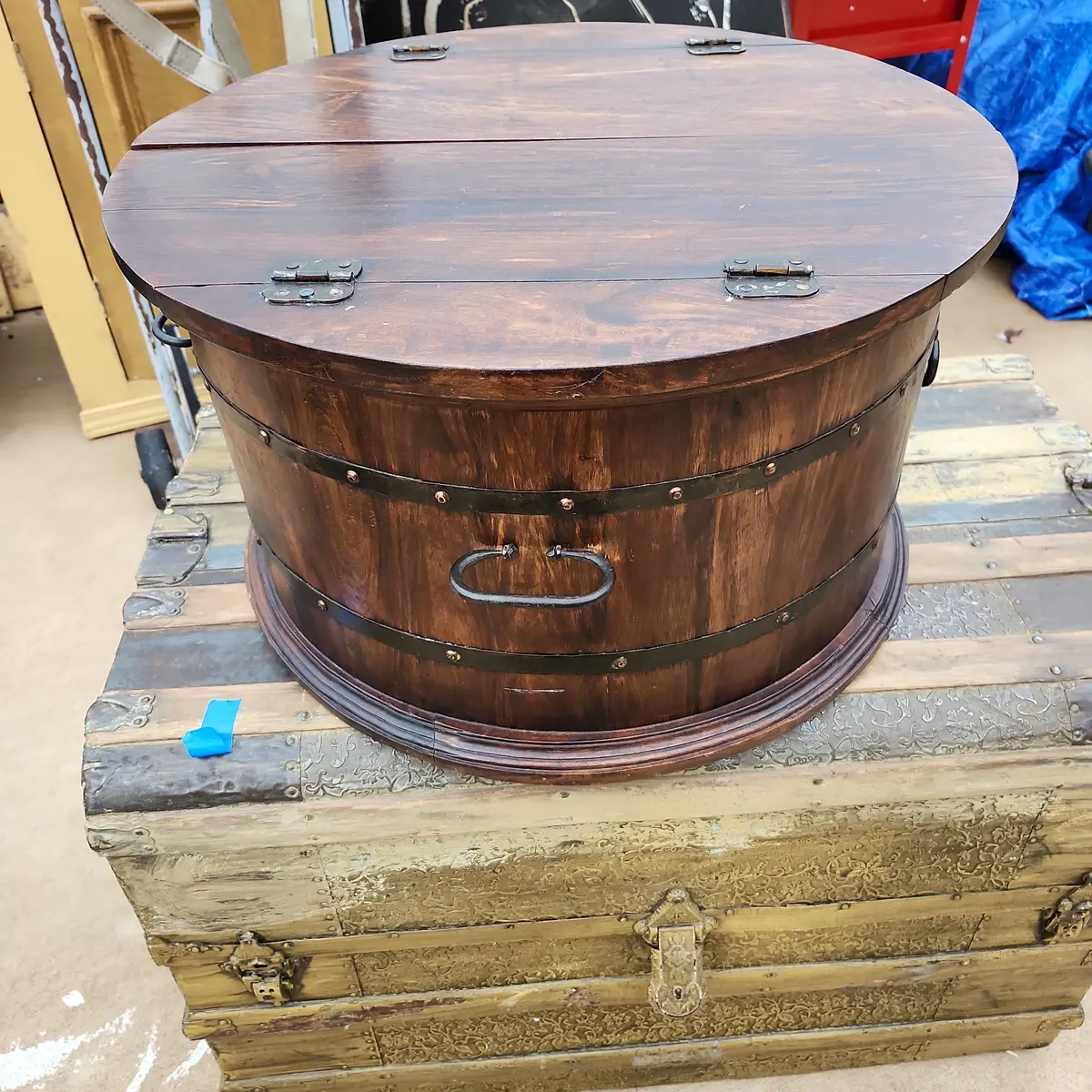 Round Not Old Flip Top Drum Shape Mahogany Table 1
