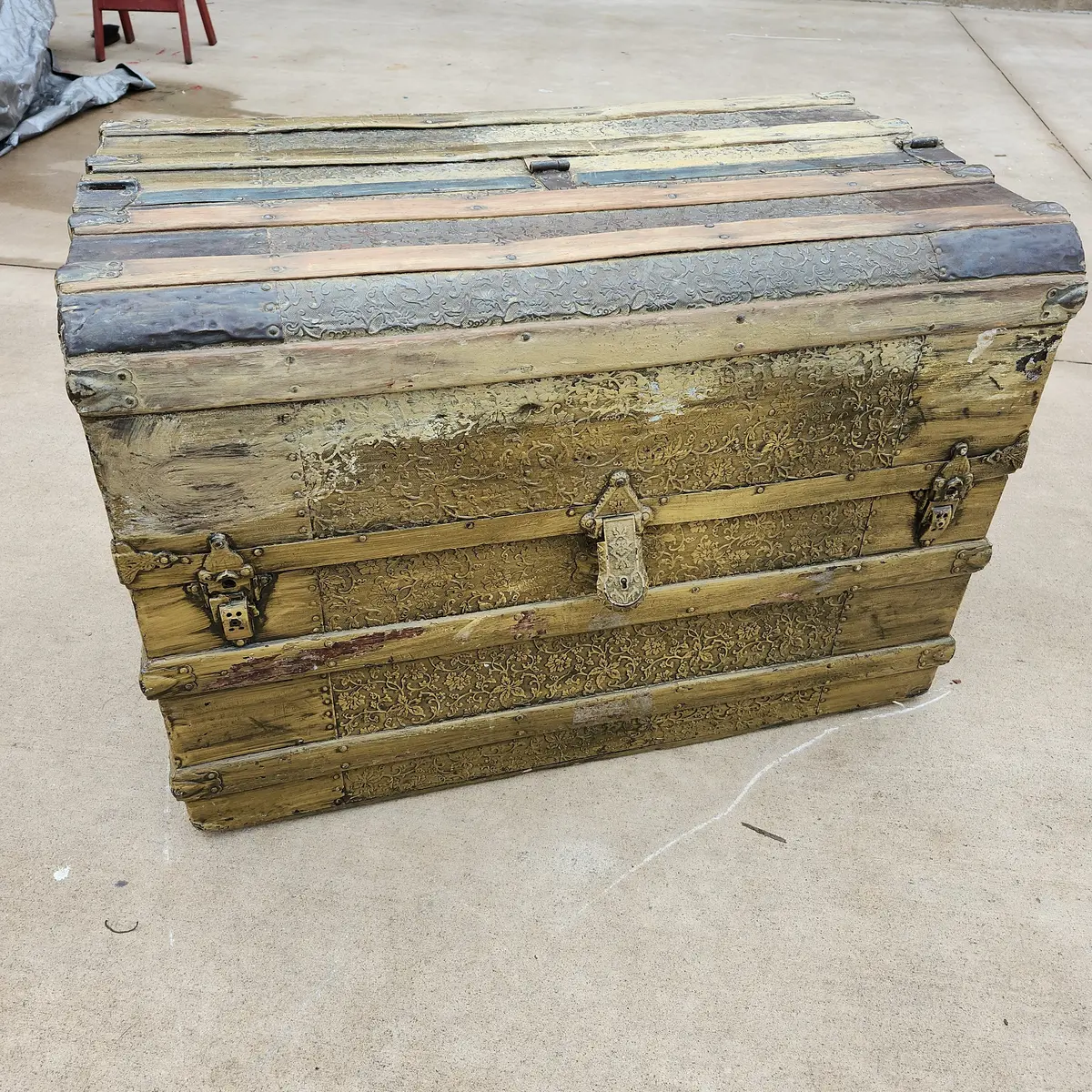 Yellow Painted Antique Steamer Trunk With Metal And Wood 1