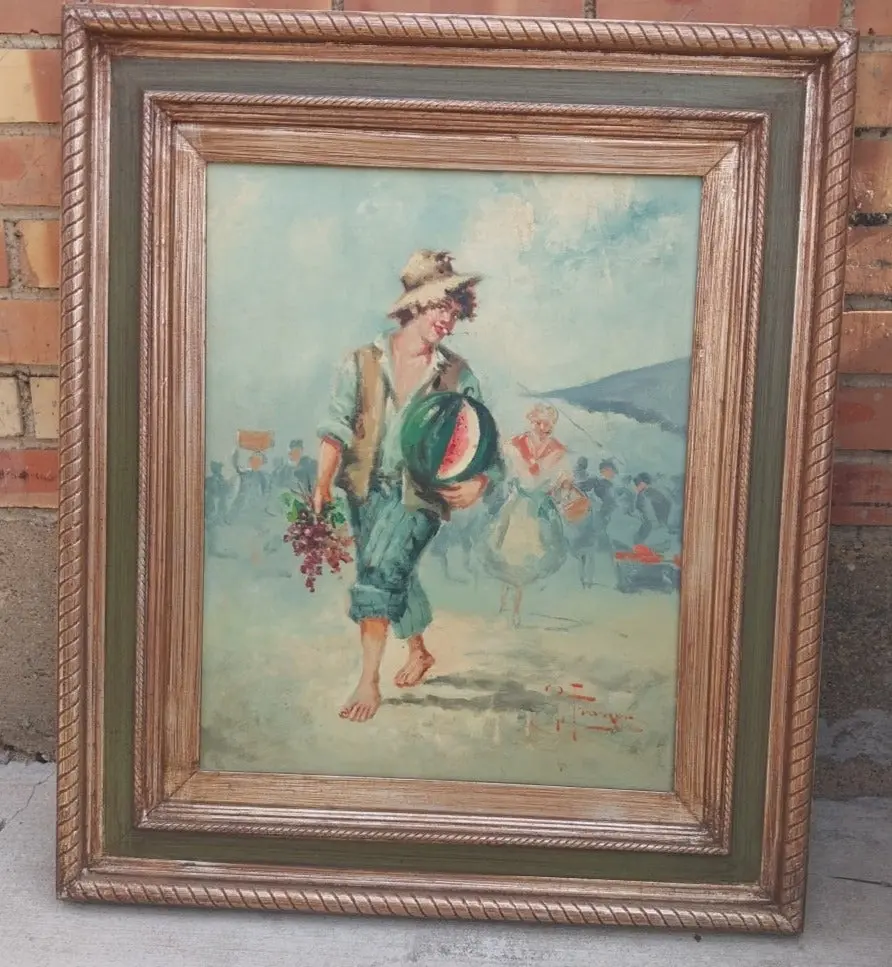 Framed Oil Painting Of A Boy With A Watermelon 1