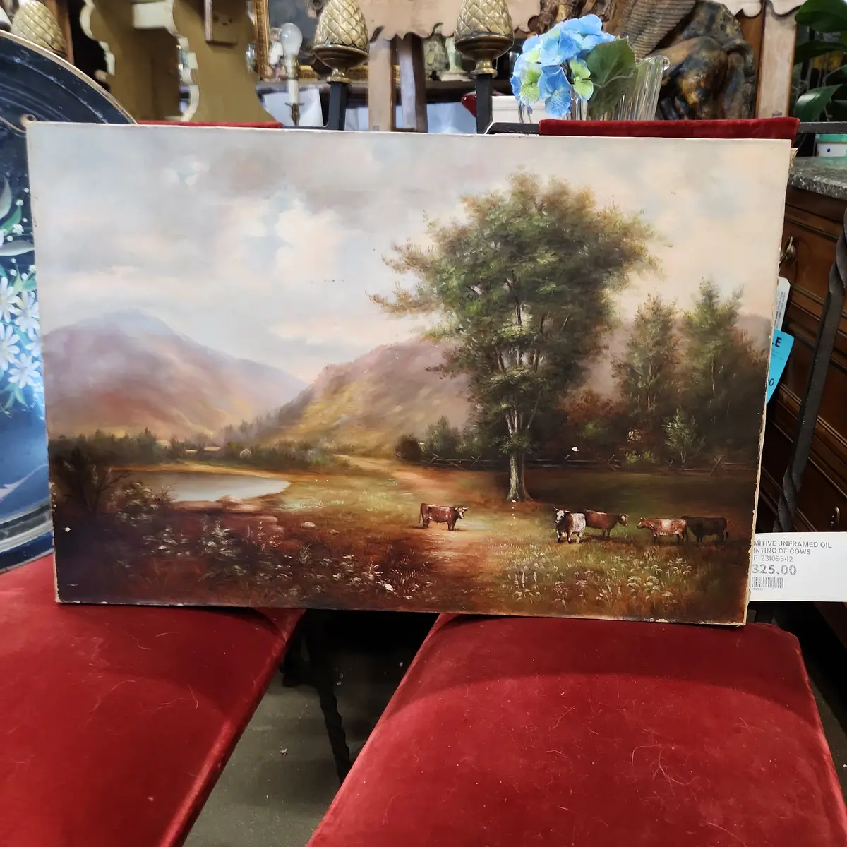 Primitive Unframed Oil Painting Of Cows 1