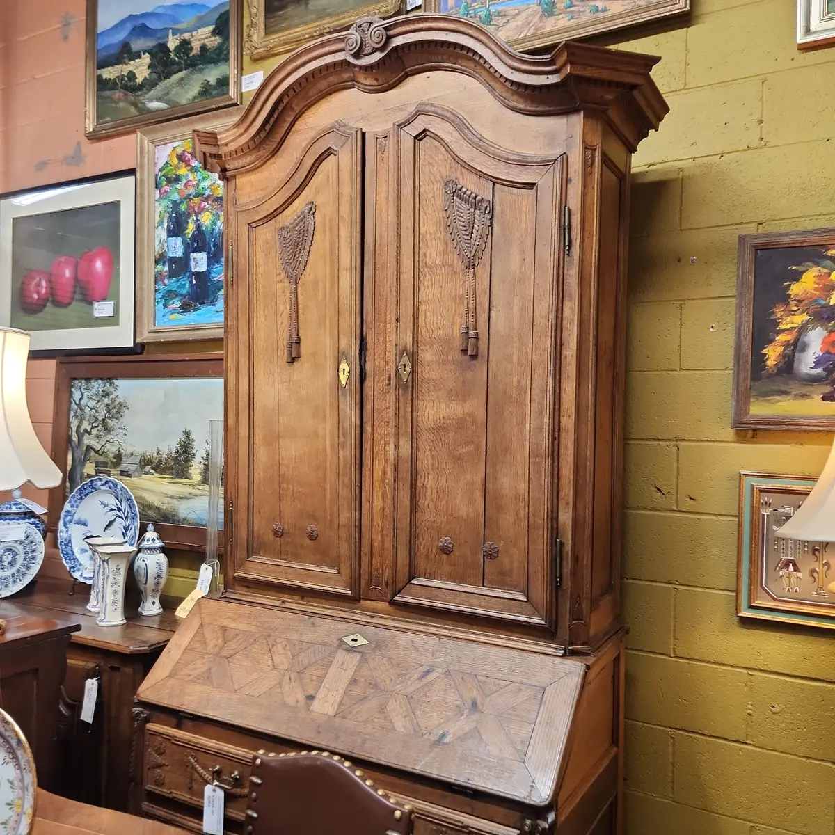 Tall French Carved Oak 19Th Century Bookcase Secretary 1