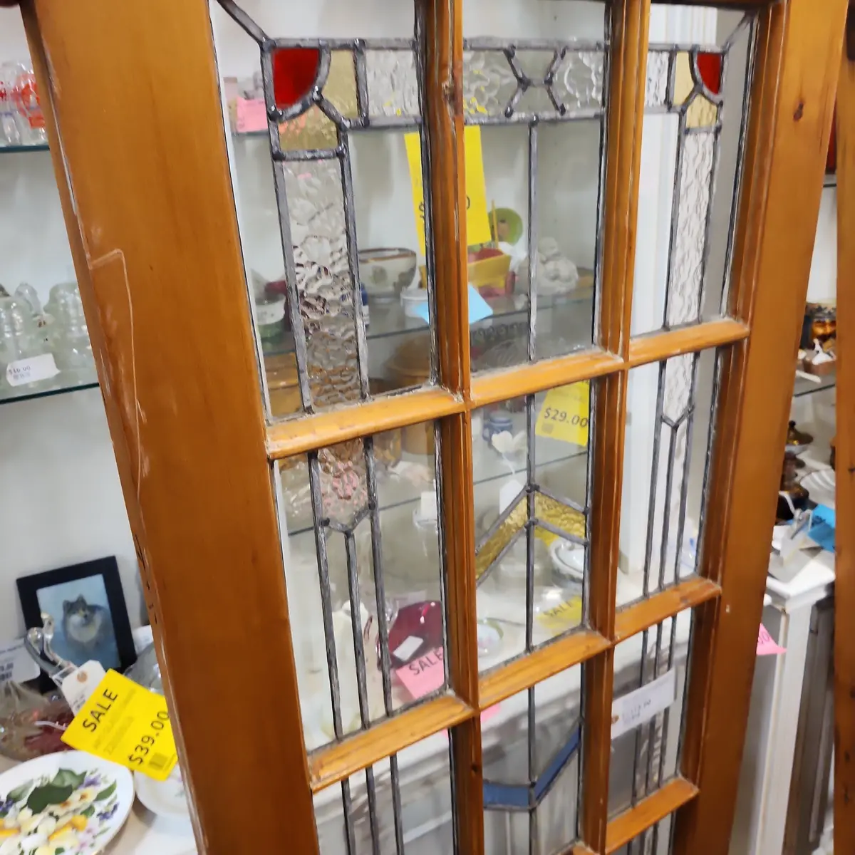 Pair Of Art Deco Mullioned  Stained Glass Windows With Pine Frames 1