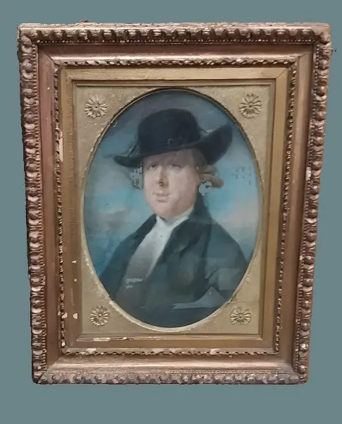 Ornately Framed Watercolor Of A Man Wearing A Hat 1
