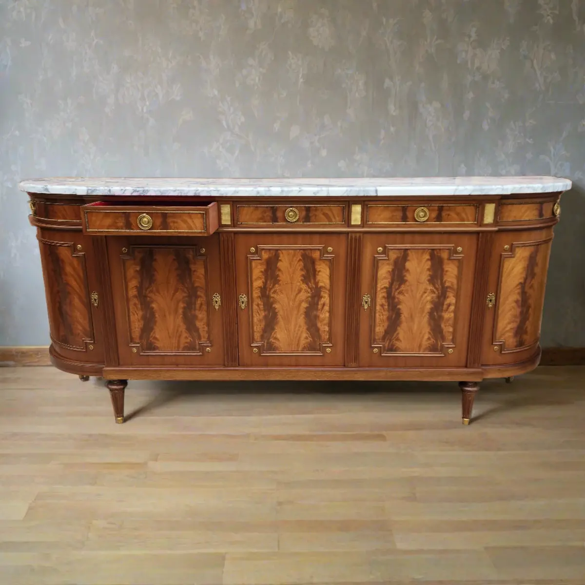 Long Louis Xvi Crotch Mahogany Sideboard With White Marble Top 1