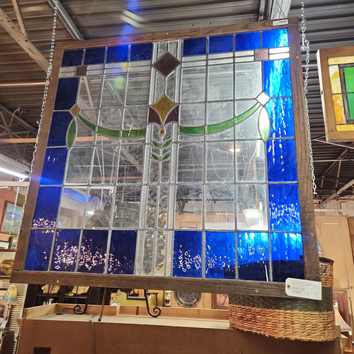 Large Stained Glass Window With Green Swags 1