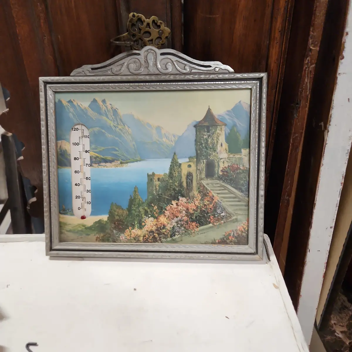 Small Framed Landscape Print With Thermometer 1