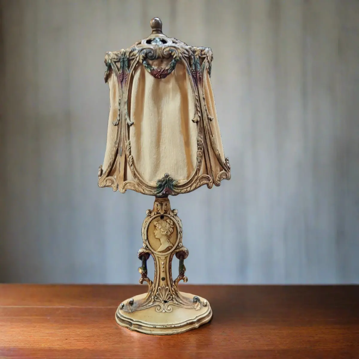 Small Iron Table Lamp With Lady Medallion And Shade 1