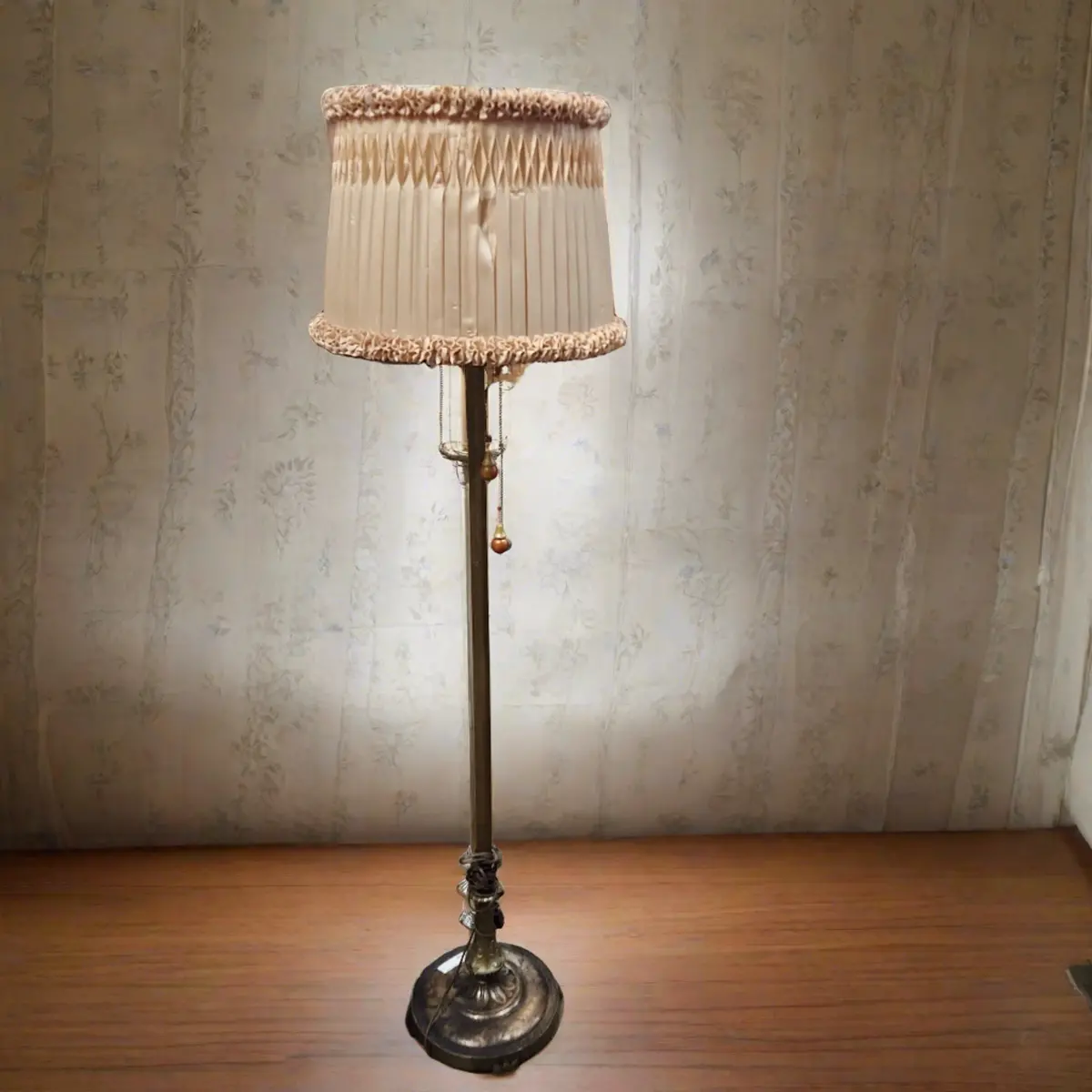 4 Light Metal Floor Lamp With As Found Silk Shade 1