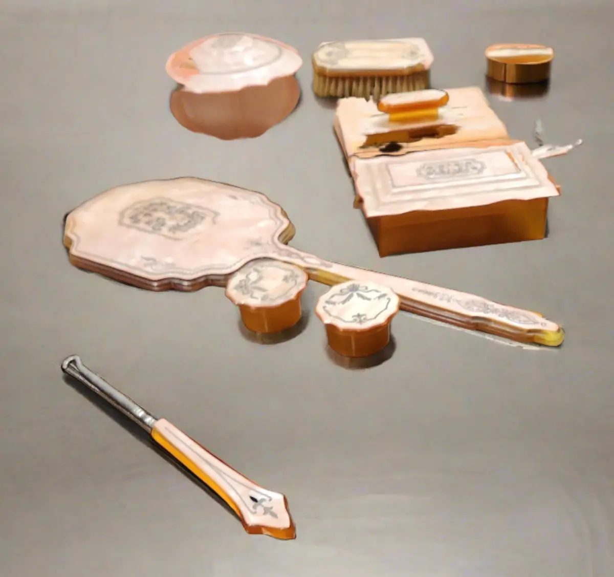 11 Piece Art Deco Celluloid Dresser Set 1