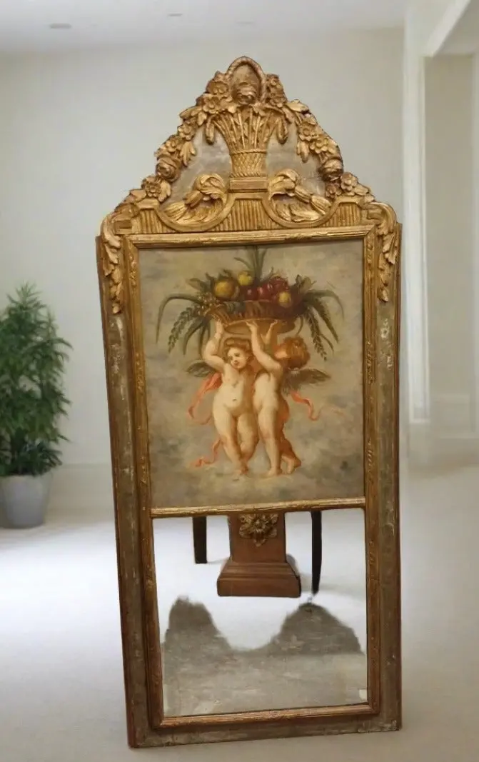 18Th Century Gilt Trumeau Mirror With Cherub Painting On Canvas 1