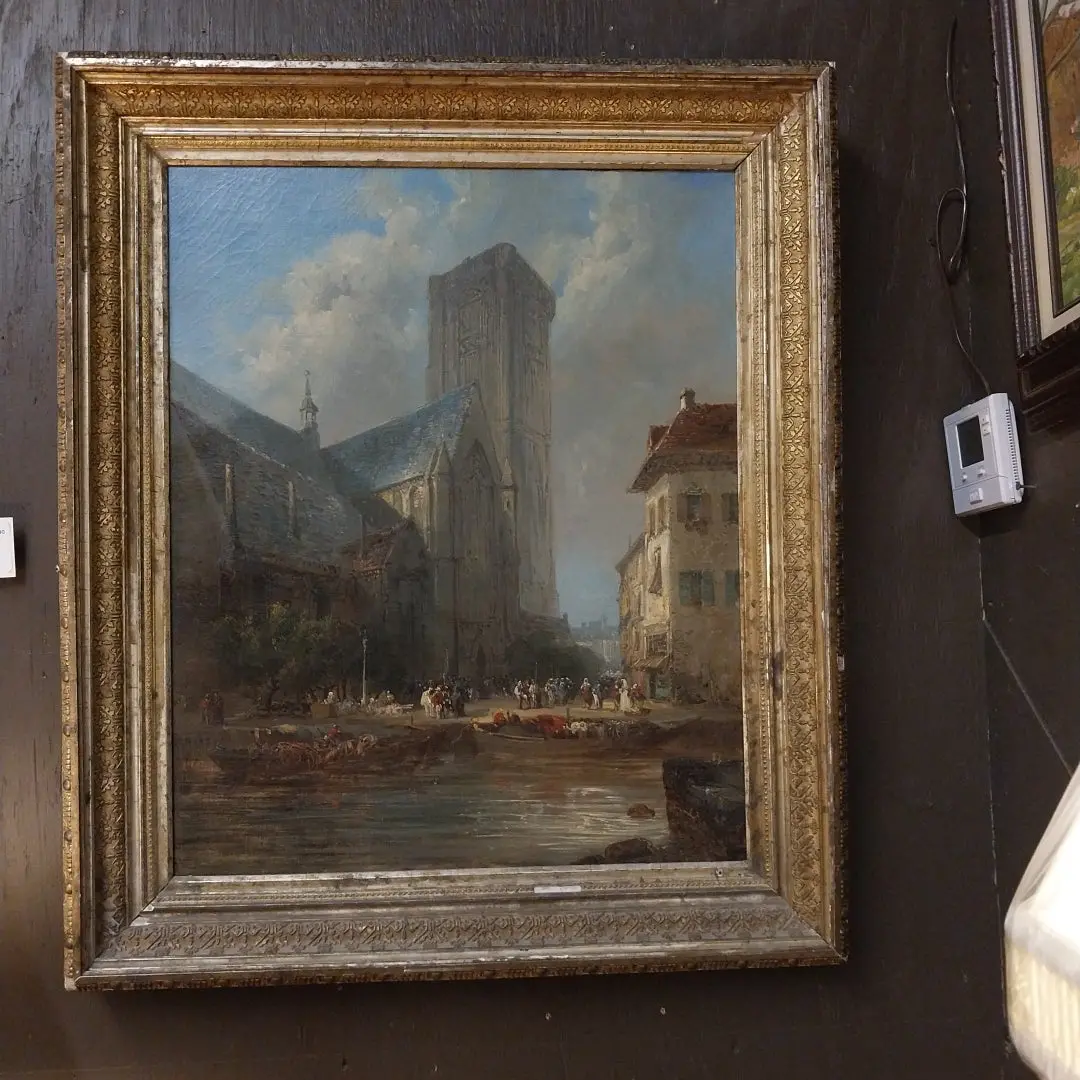 Silver Framed Vertical English Oil Painting Of A Cathedral Signed Alexandre De Faux 1