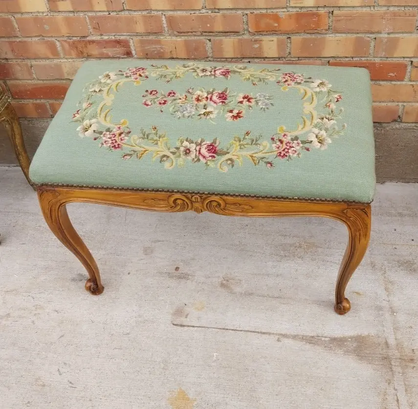 Large Louis Xv Green Needle Point Bench 1