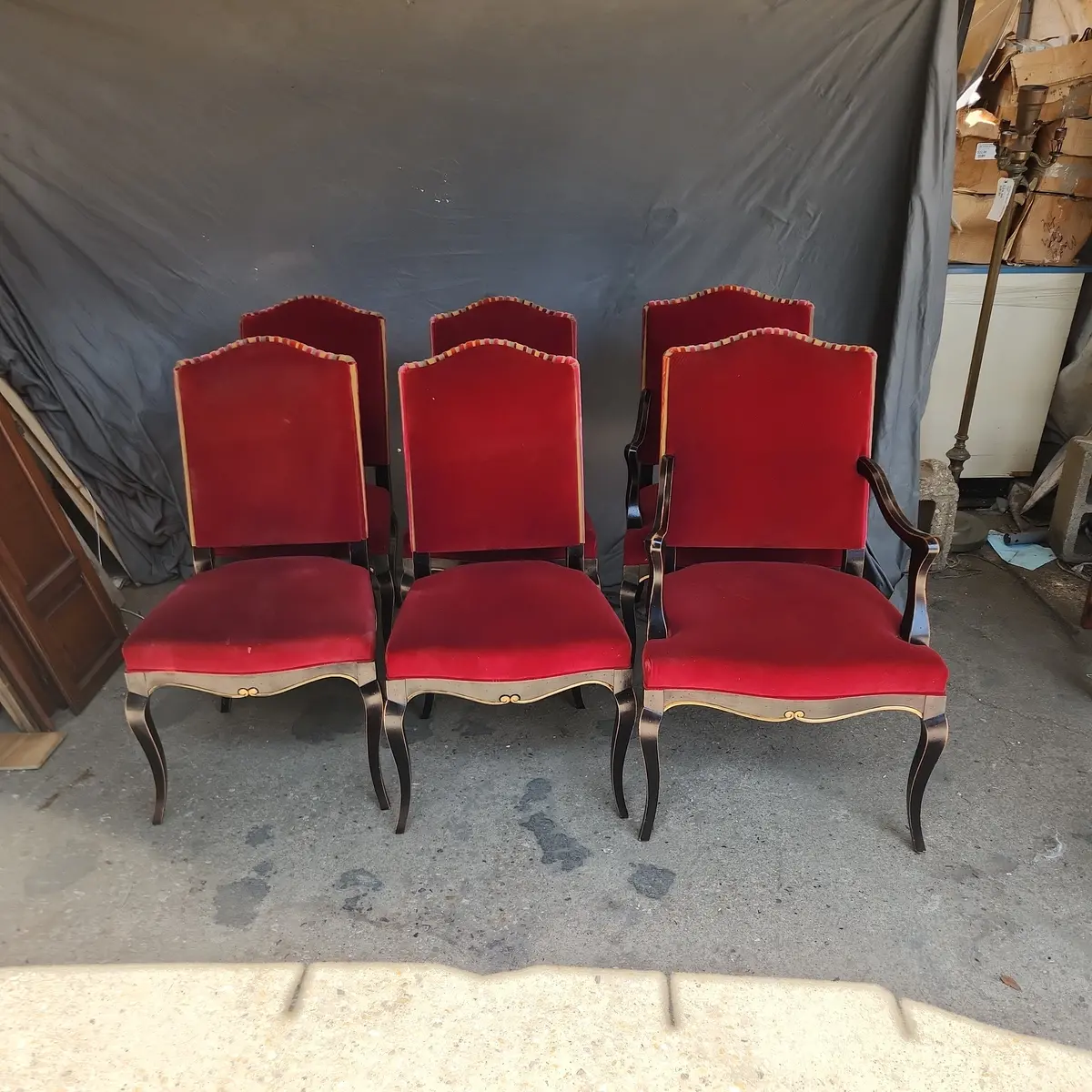 Set Of 6 Black Lacquered Chairs With Red 1