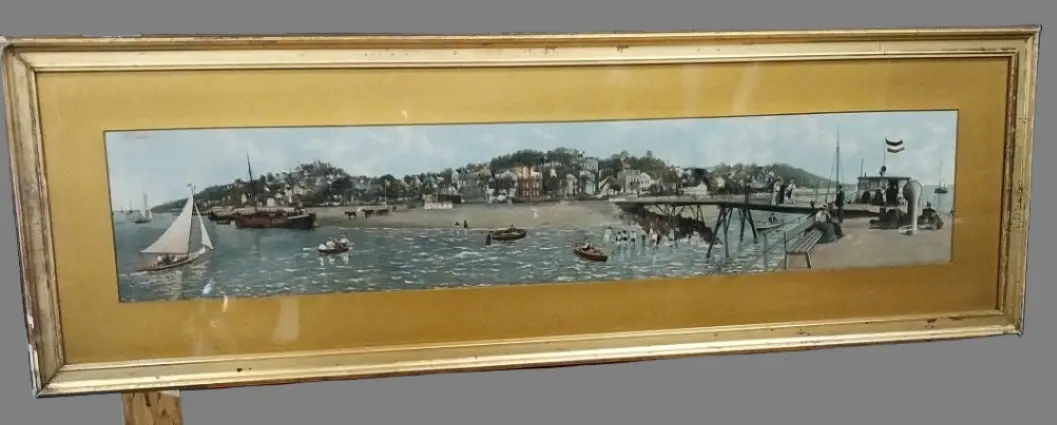 Framed Panoramic Colored Lithograph Riverscape Of Hamburg Germany 1