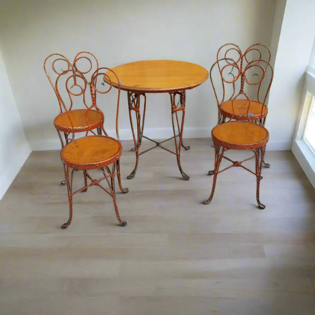 Antique Iron And Wood Parlor Table With 4 Chairs 1