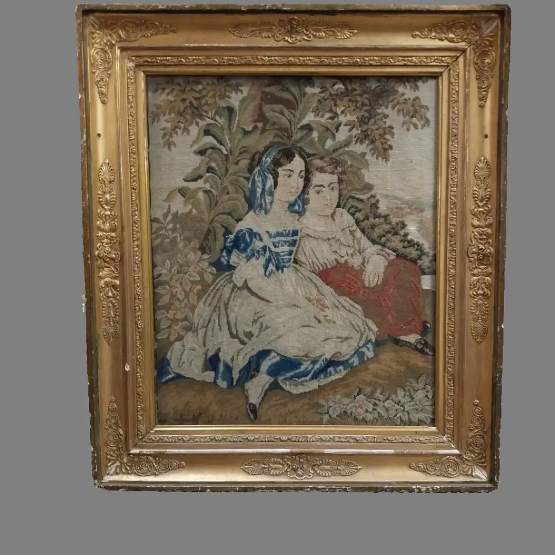 Gold Framed Needlepoint Tapestry Of Two Children 1