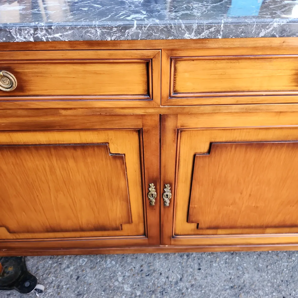 Small Louis Xvi Cherry Sideboard With Rectangular Gray And White Marble Top 1