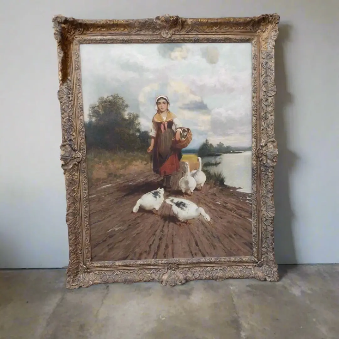 Framed Antique Oil Painting Of A Girl Walking With Geese 1