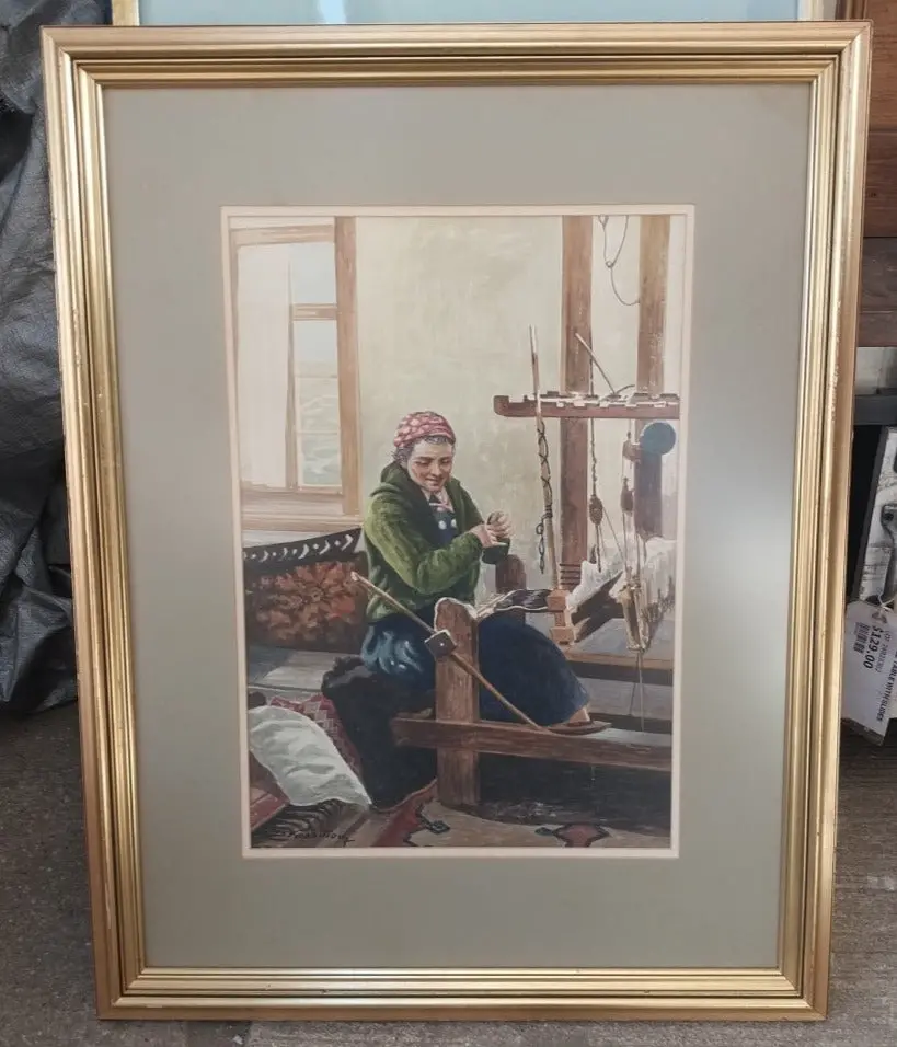 Watercolor Painting Of A Woman Weaving-Signed 1