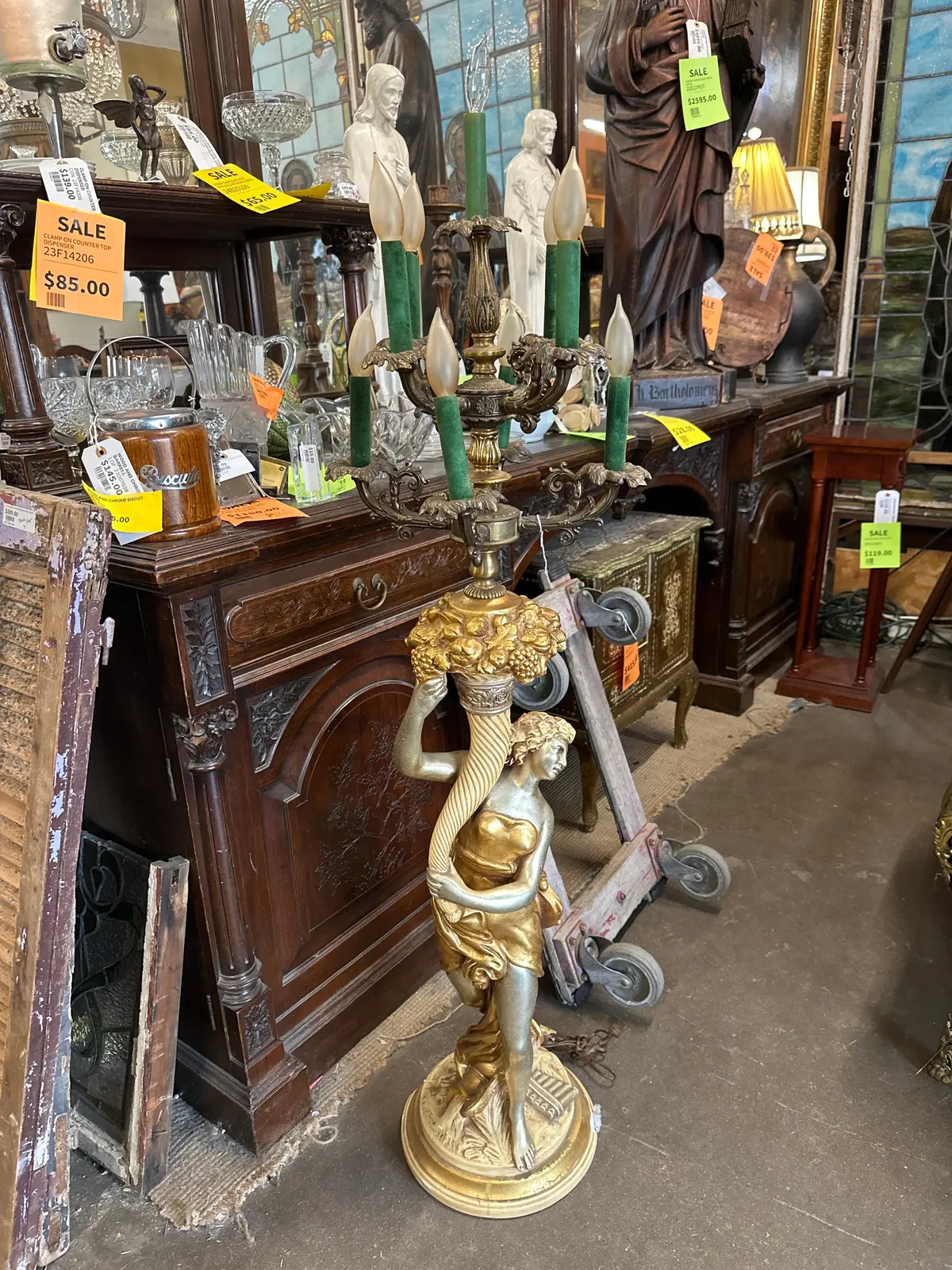 Tall Gold Plaster Candleabra Statue Lamp As Found 1