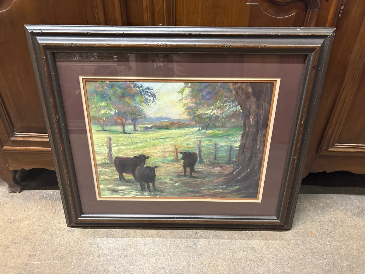 Bucolic Scene With Cows Pastel Painting - Signed Toni 1