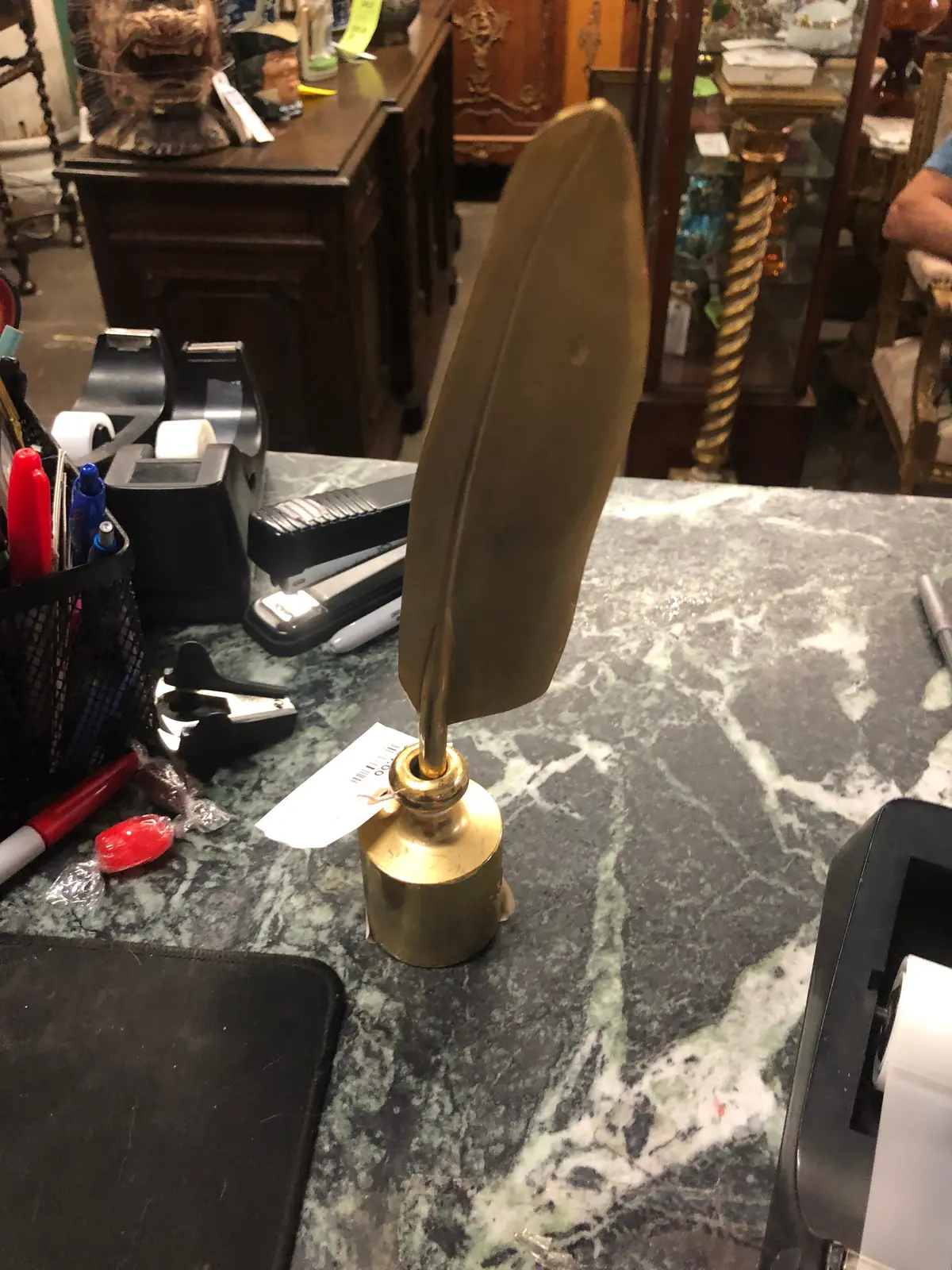 Brass Weight Inkwell With Feather Pen 1