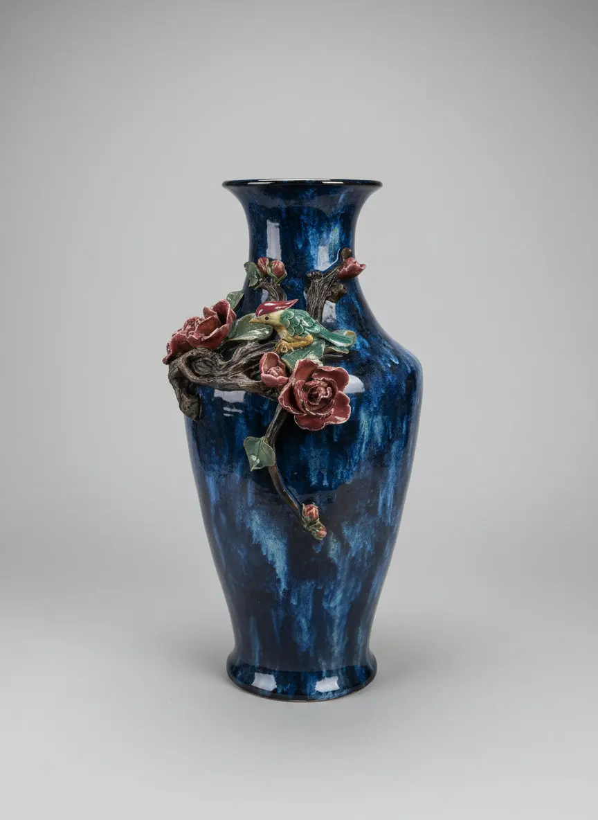 Large Blue Pottery Vase With Flowers And Bird 1
