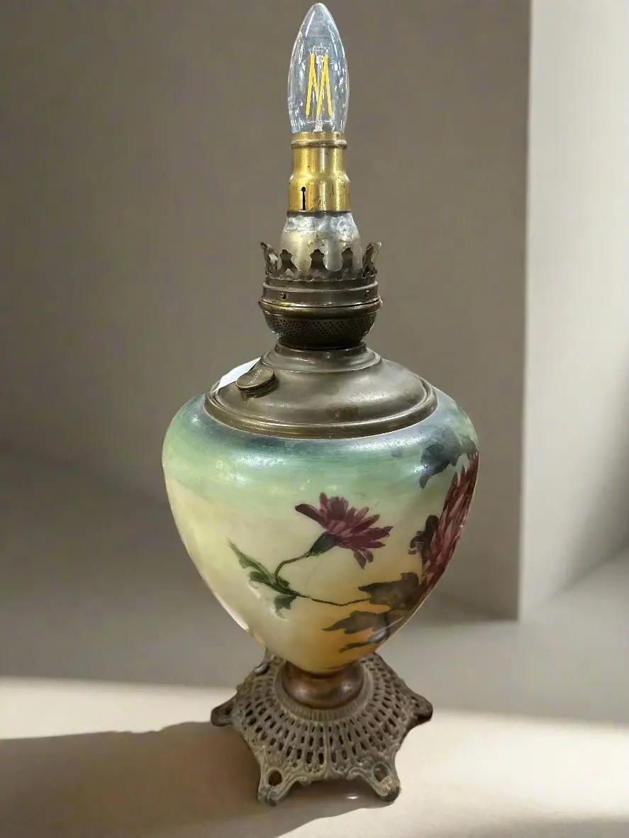Green Floral Converted Oil Lamp 1