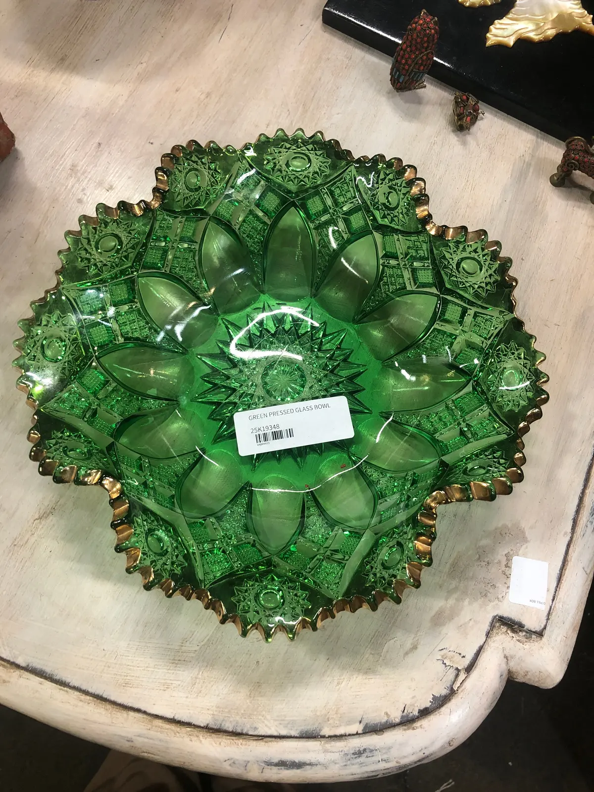 Antique Green Pressed Glass Bowl With Gold Trim 1
