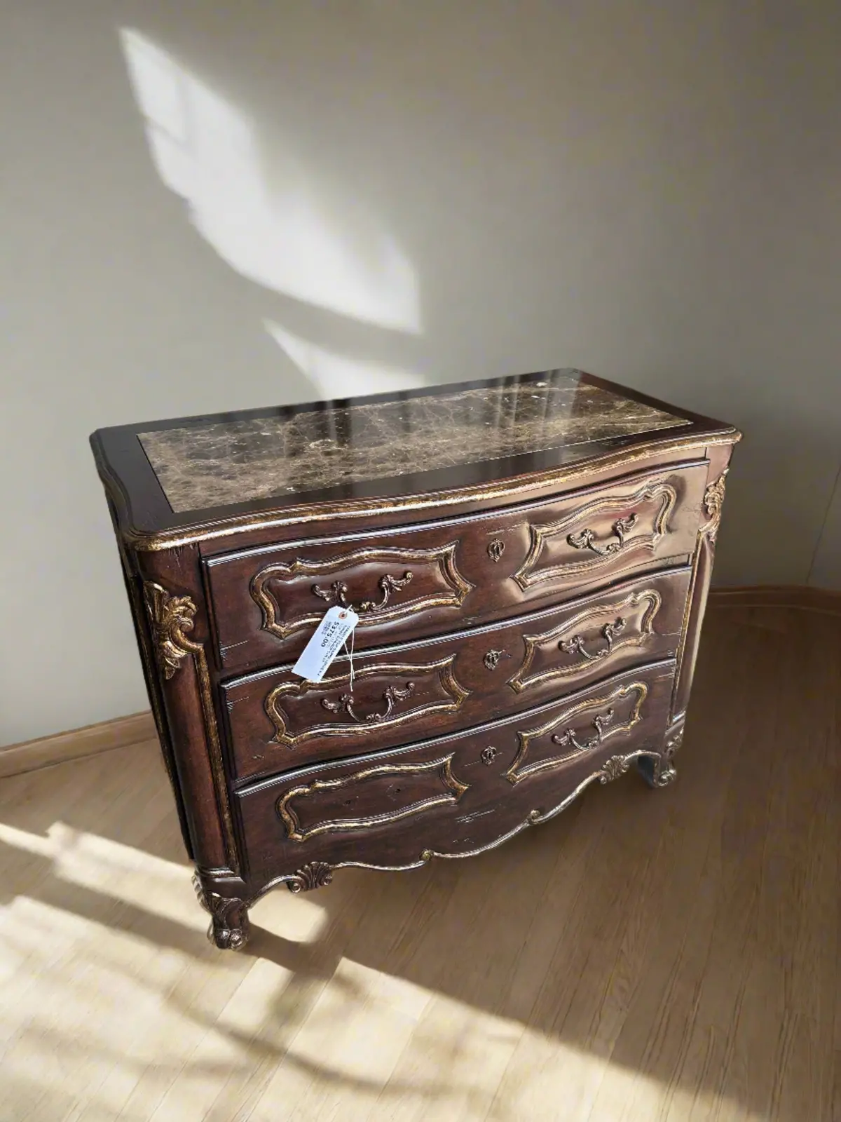 Louis Xv Marble Top Dark Oak Three Drawer Chest 1
