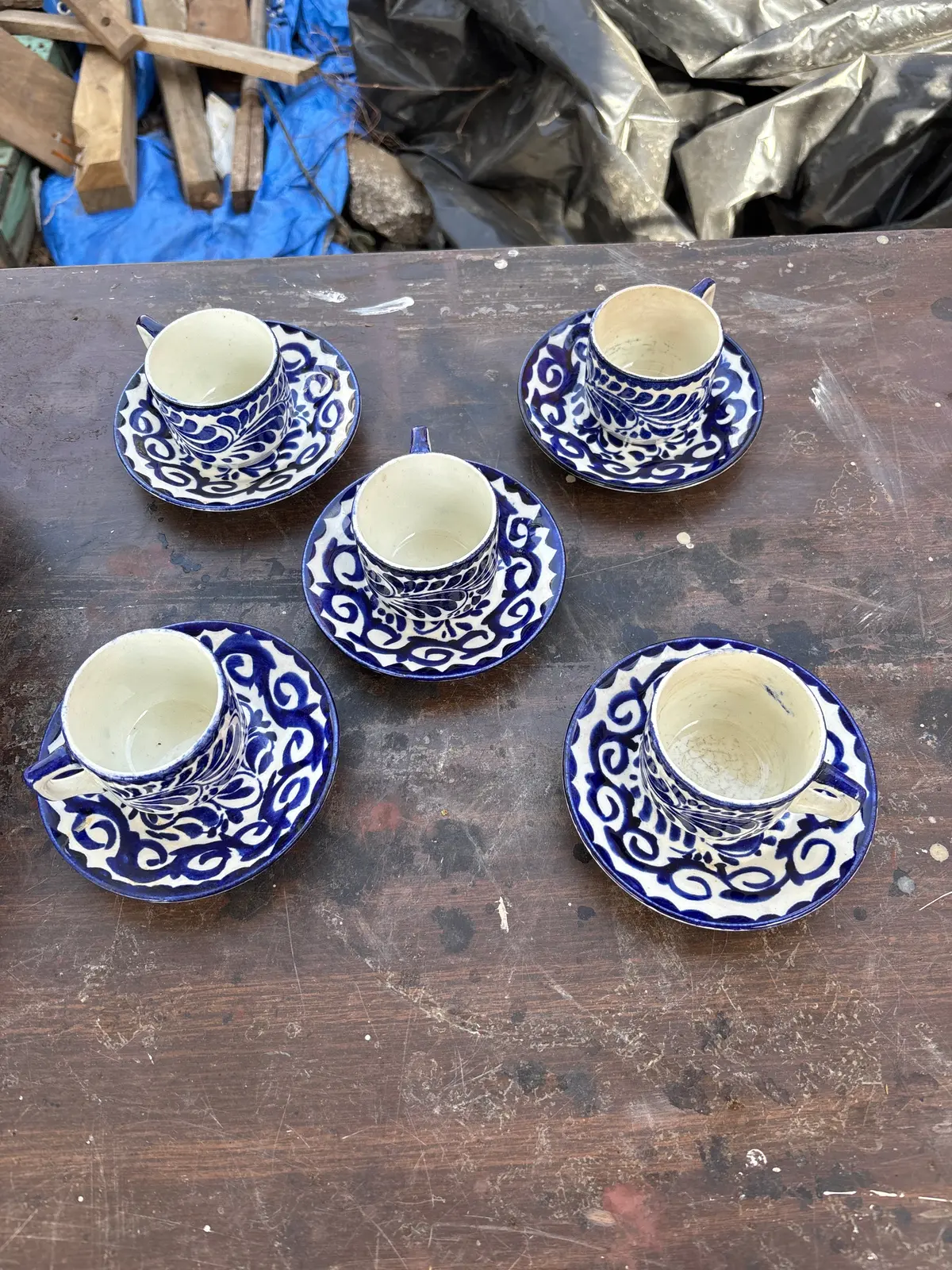 Set Of 5 Blue And White Demitasse Cups With Saucers 1