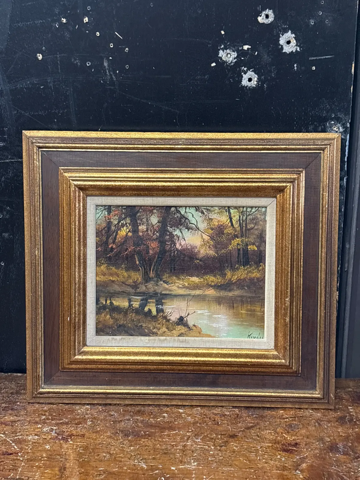 Brown Filet Framed Autumn Forest At Dusk Scene With River 1