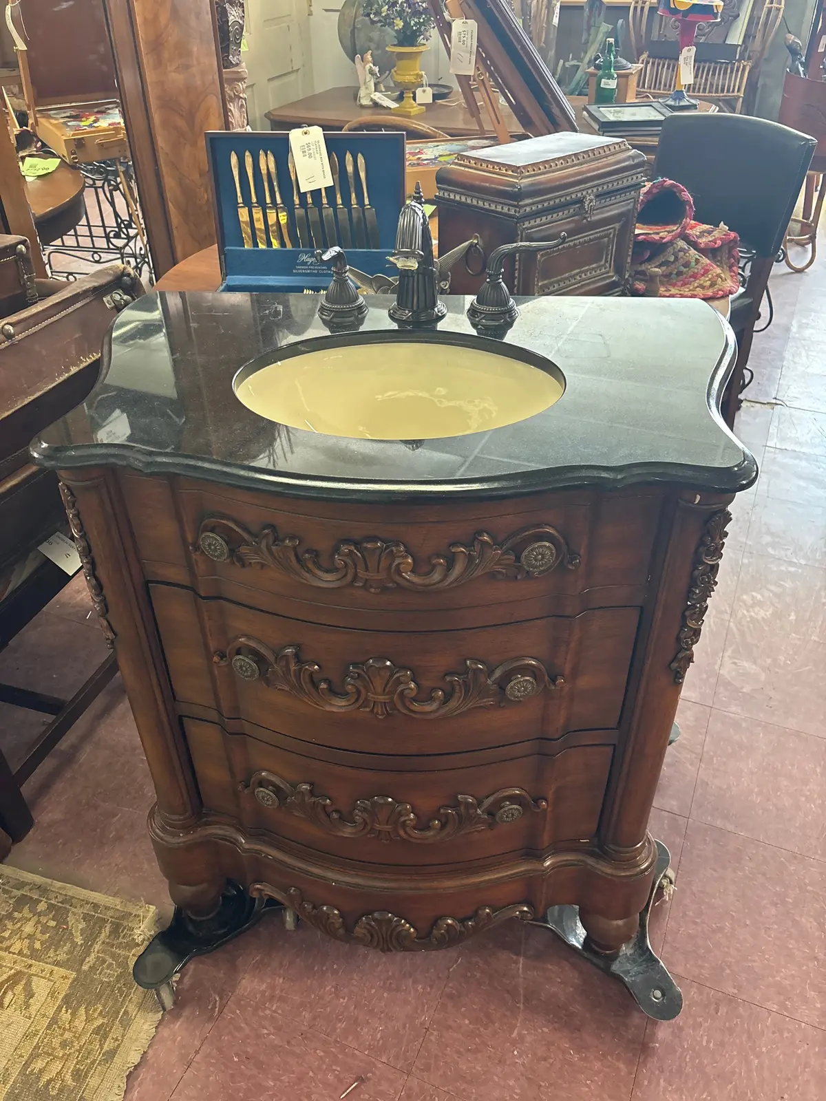 Small Marble Top Vanity With Sink And Faucets 1
